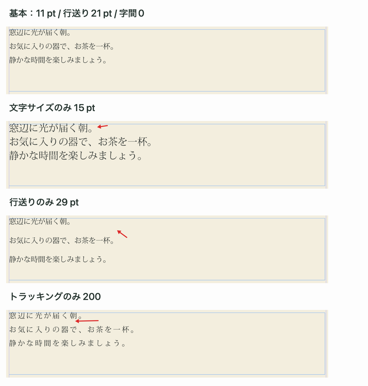 文字サイズと行送りとトラッキングの違い