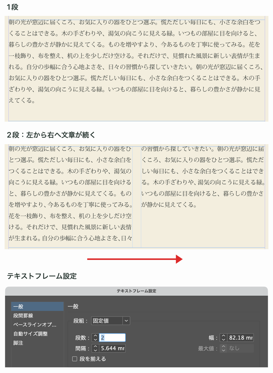 テキストフレームを1段と2段に設定した比較