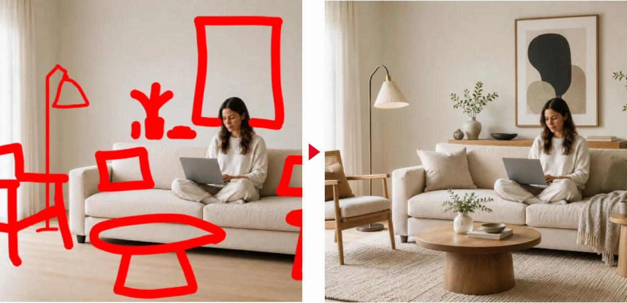 文字やラフで画像の編集内容を指示したマークアップの例