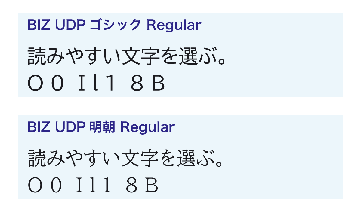 BIZ UDPゴシック RegularとBIZ UDP明朝 Regularで、同じ文章と英数字を組んだ書体見本
