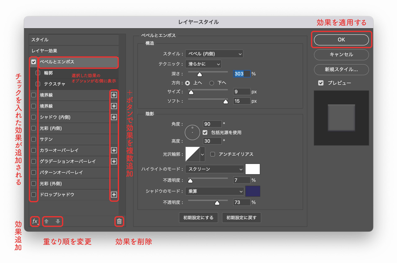 レイヤースタイルダイアログ解説図解