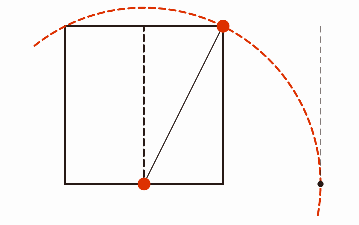 正方形の中心を見つけ、中心から一辺までの距離（A/2）を半径とする半円を描く