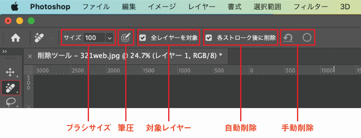 削除ツールのオプションバー詳細