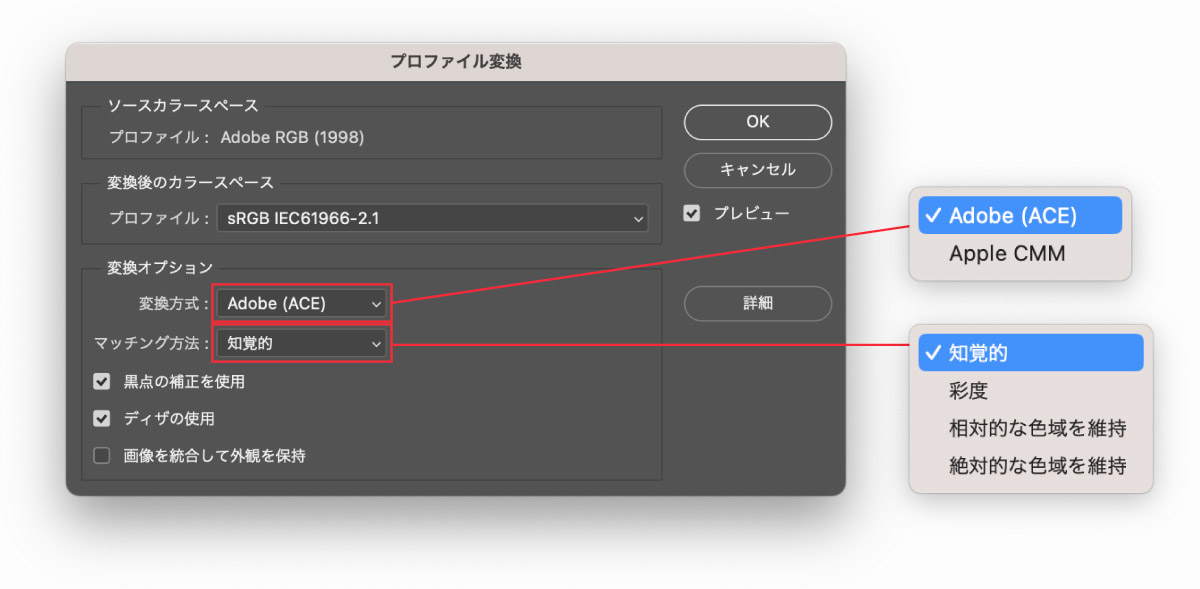 カラープロファイル変換のオプション