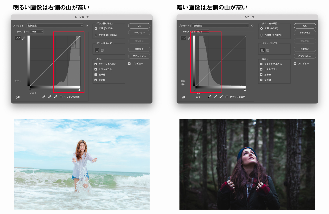 明るい画像と暗い画像のヒストグラム比較