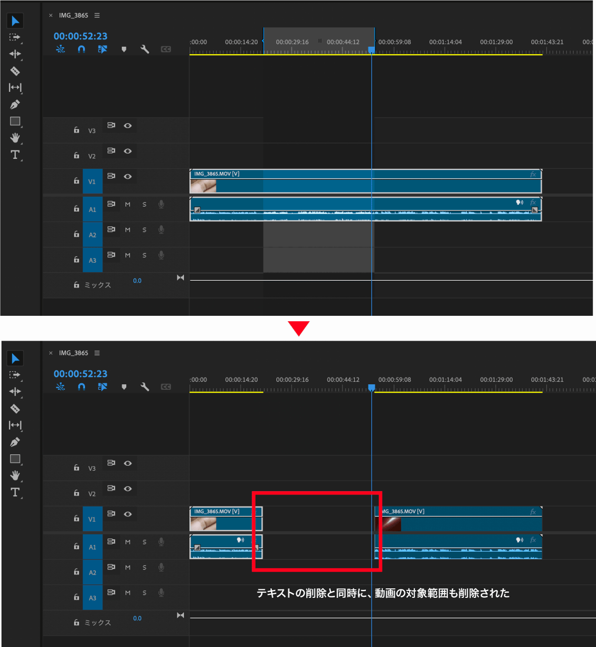 テキストの編集と同時に動画の対象範囲が削除される