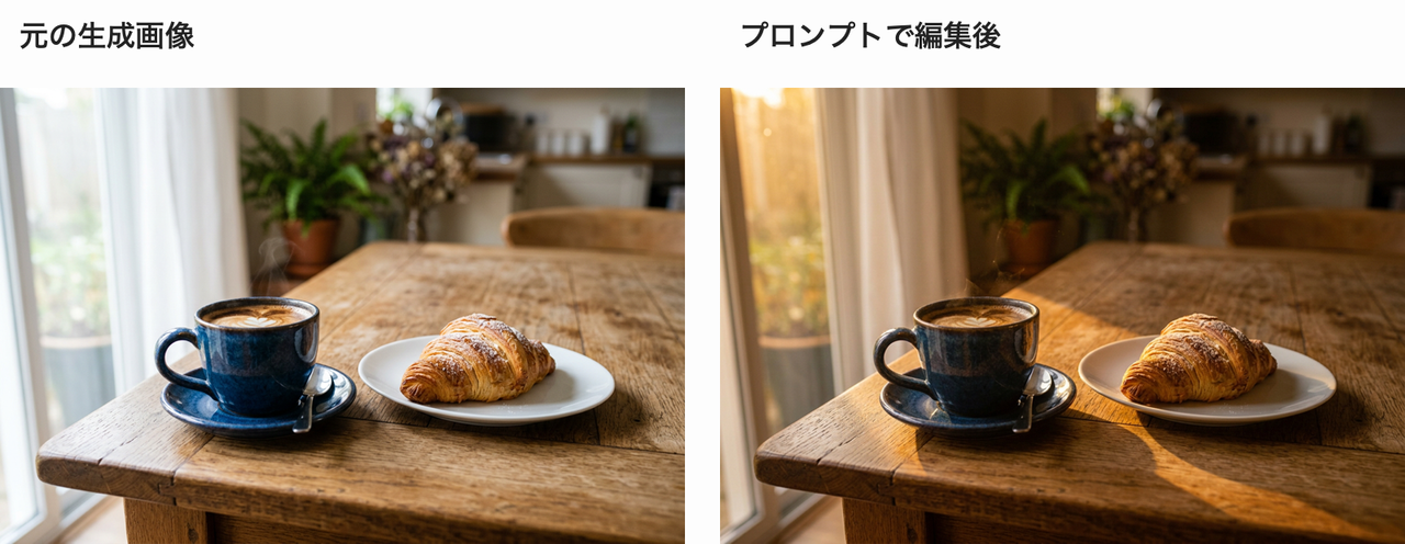 生成した画像を「夕方の風景に変更」と指示して編集した比較