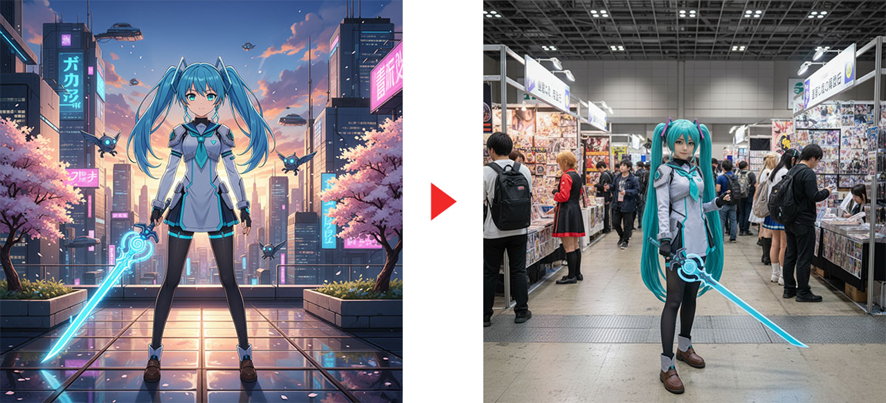 2次元アニメキャラクターを3次元のコスプレイヤーに変更