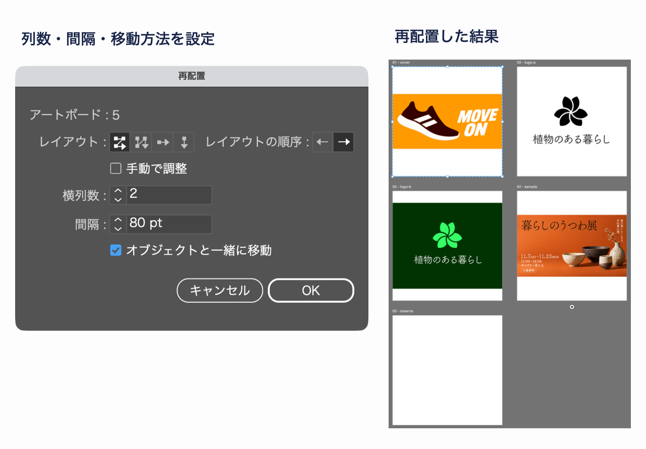 複数のアートボードを再配置して整える設定画面と結果