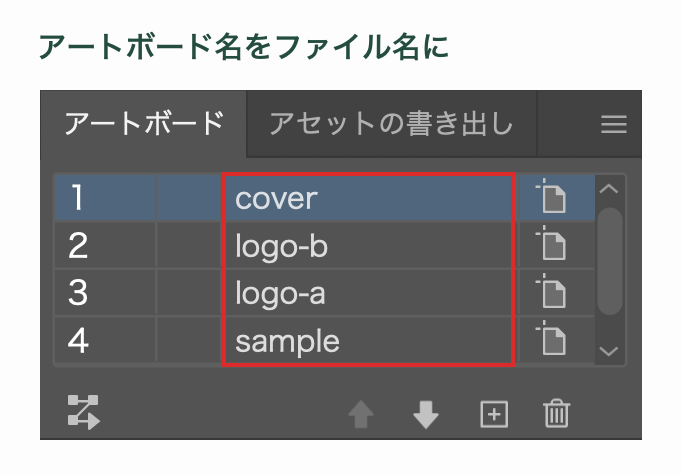 アートボード名をcoverやlogo-aに変更しているIllustratorの画面