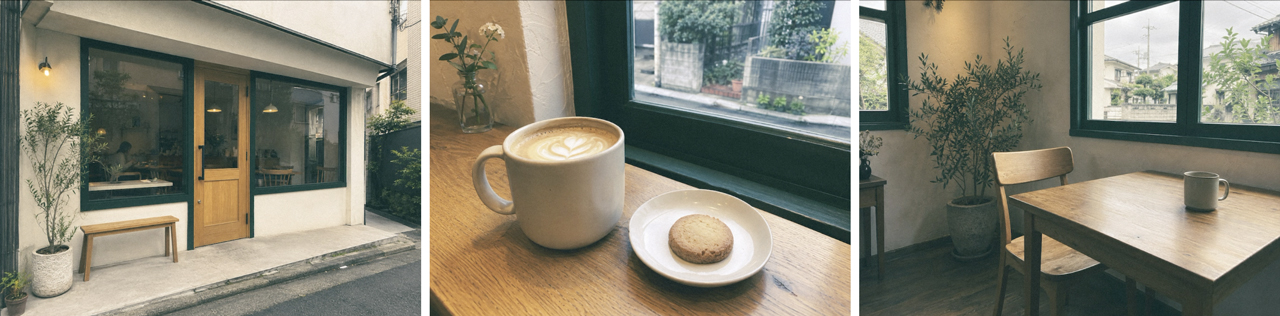 カフェの外観・ドリンク・店内を同じフィルム風に仕上げた写真
