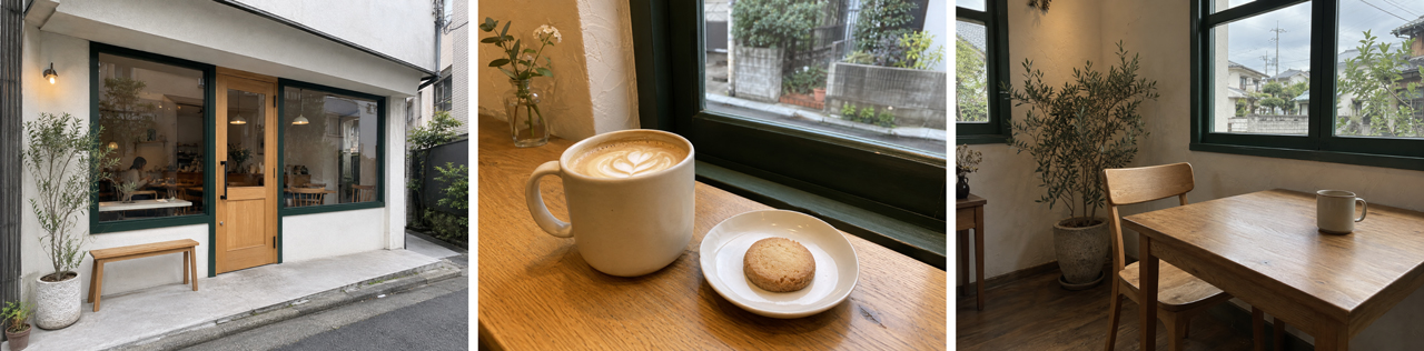 カフェの外観・ドリンク・店内を並べた編集前の写真