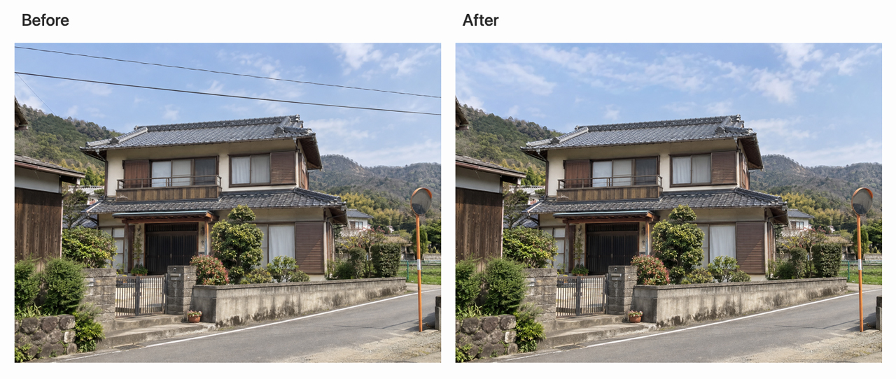 建物や空の構図を残して電線を削除した比較