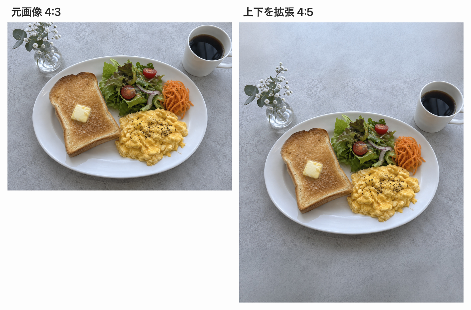 料理の皿を切らずに上下の背景を生成して縦長にした比較