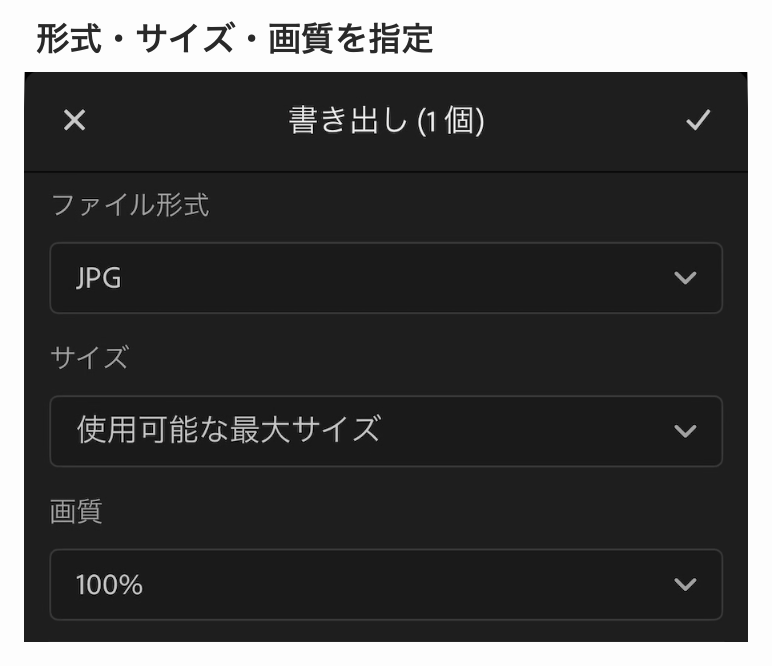 写真をJPGで保存するときの形式・サイズ・画質の設定画面