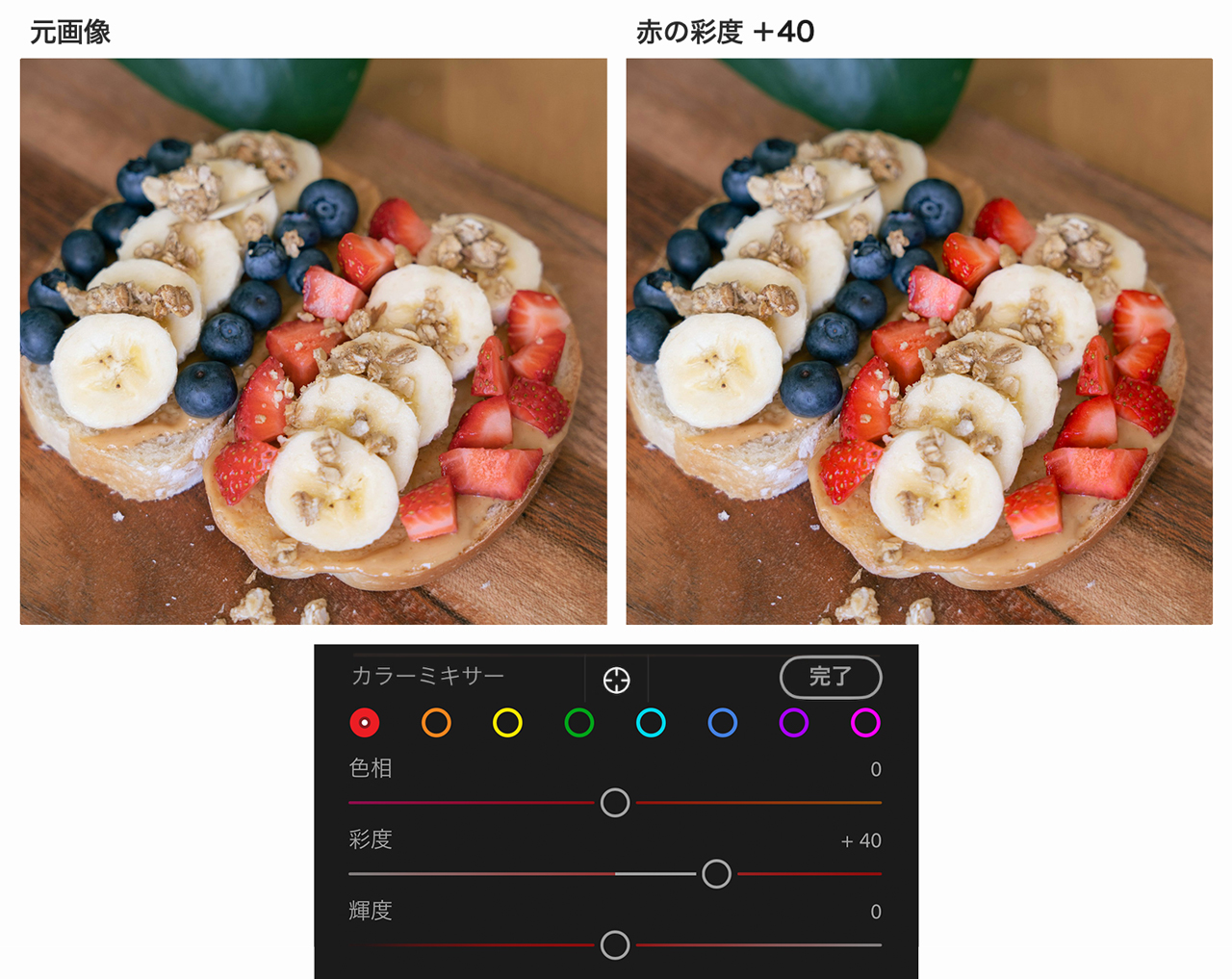 カラーミキサーで赤の鮮やかさを変え、いちごの色を引き立てた料理写真の比較