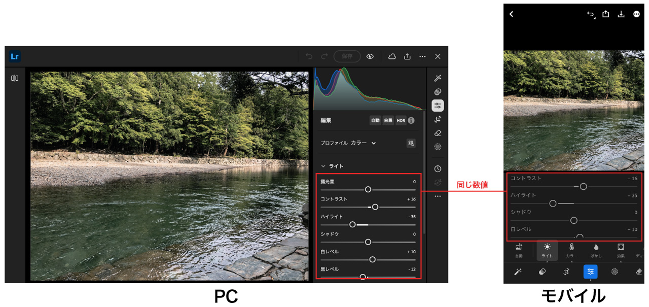同じ川の写真と編集設定をPCとAdobe Lightroom モバイル版で開いた比較