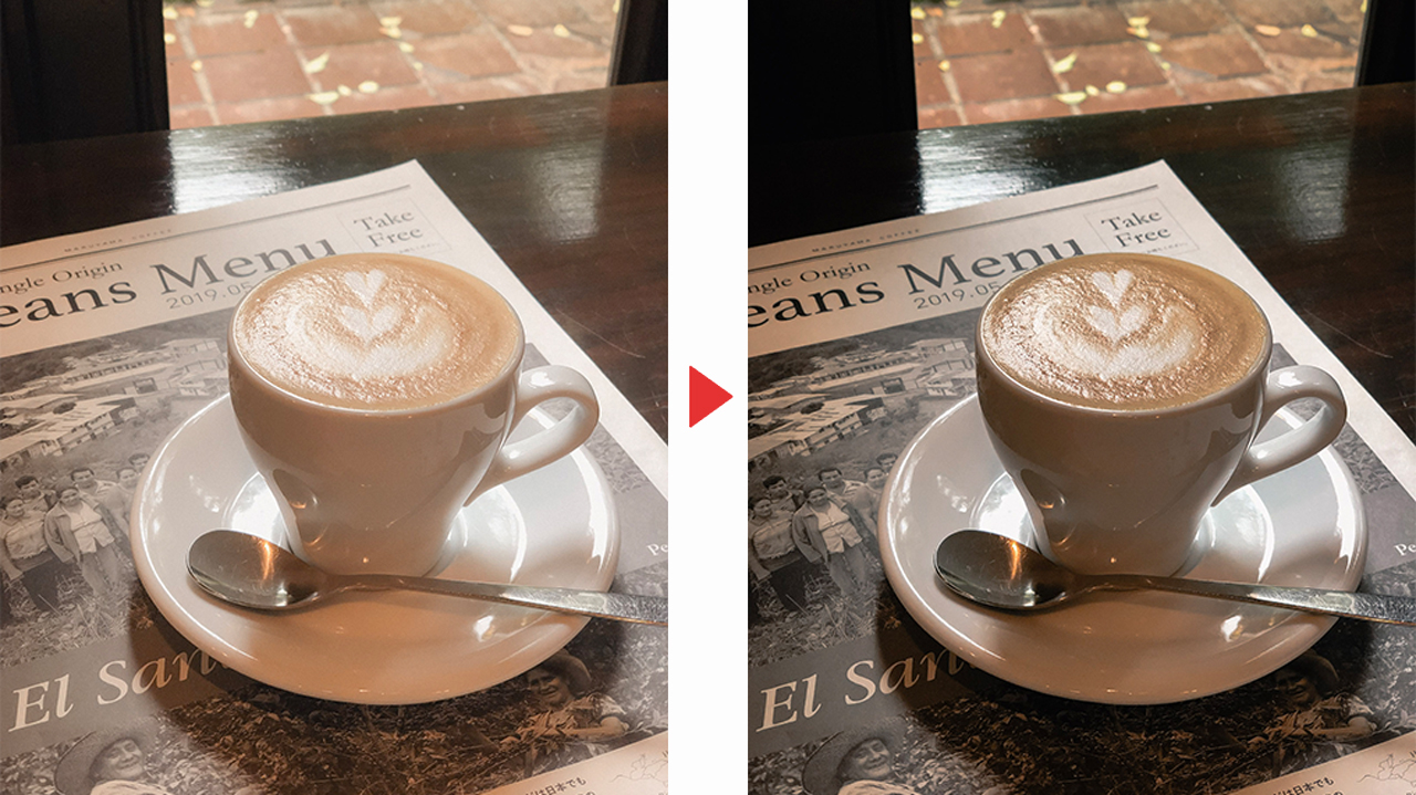一括適用したプリセットによって、コーヒー写真の明暗と色の印象が変わった比較