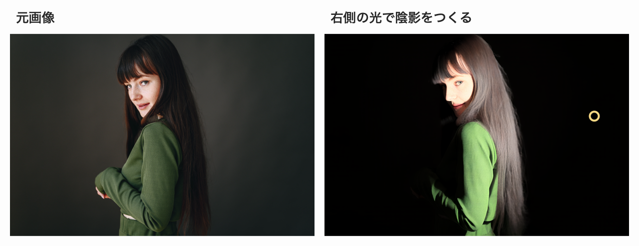 元の人物写真と、右側から光を当てて顔や髪の陰影を強調した写真の比較