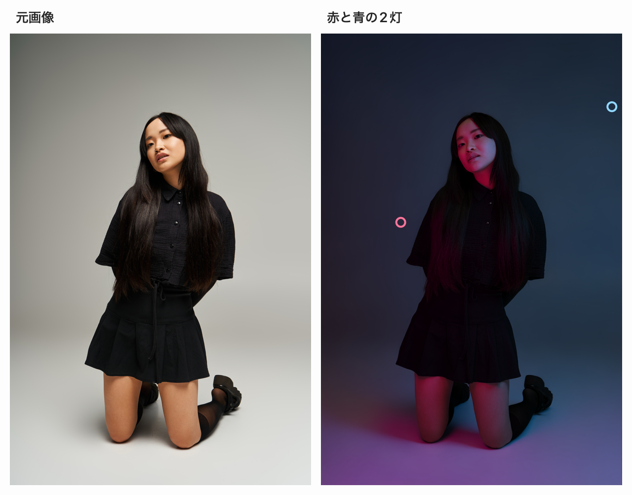 元の人物写真と、赤と青の2灯で顔や床に色の演出を加えた写真の比較