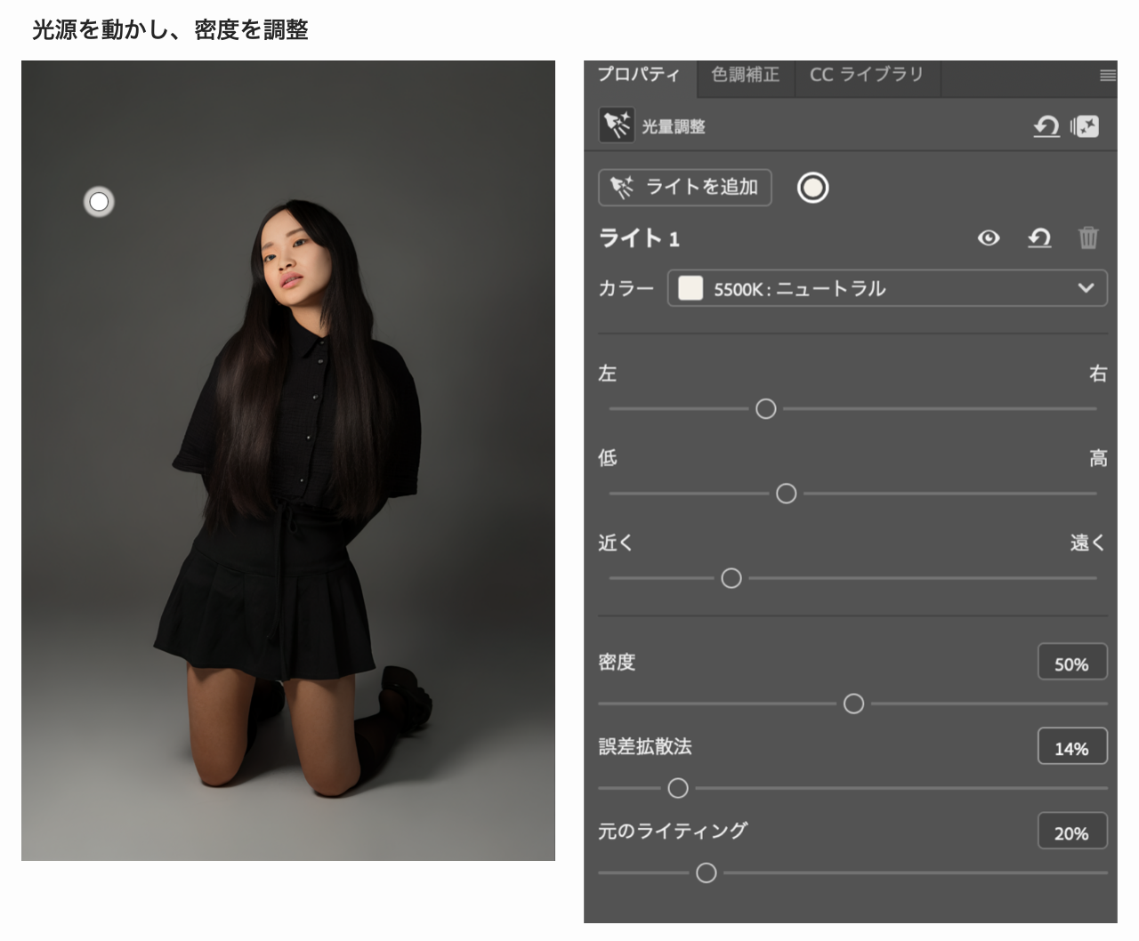 左上へ光源を配置した人物写真と、光量調整のプロパティパネル
