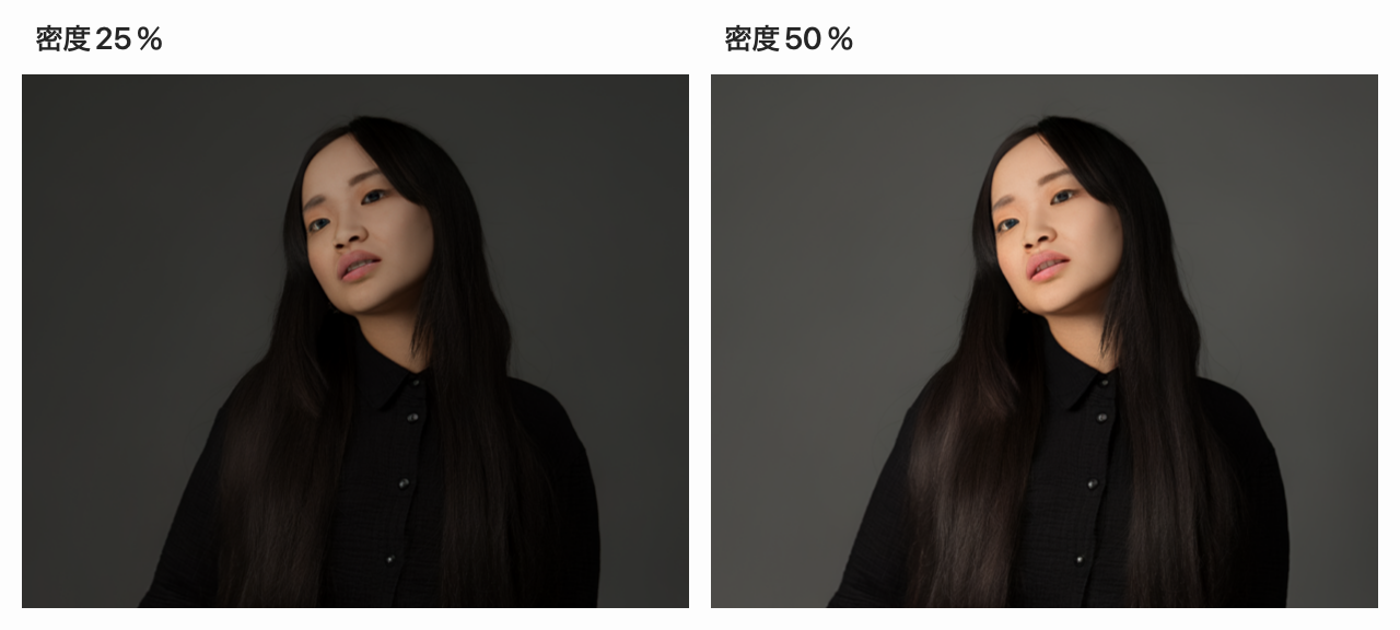 同じ左上の光源位置で、密度25％と50％による人物の明るさを比較