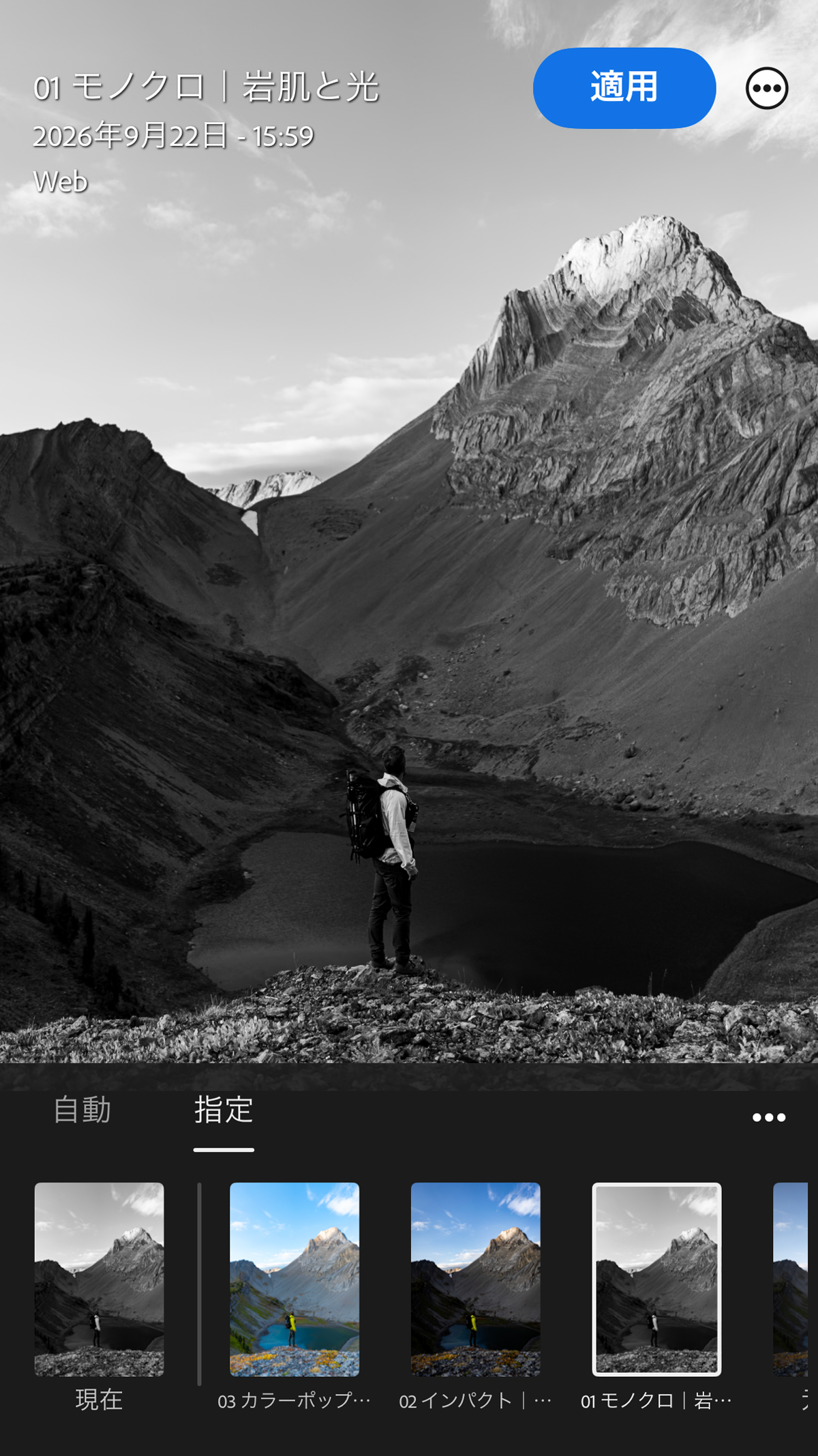 同じ山の写真に保存したカラーやモノクロの編集案を選ぶバージョン画面